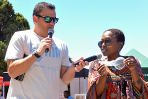 Safety first: Media personalities Ryan O'Connor and Kgomotso Matsunyane show how to fit the new female condom, which can be done up to six hours before a sexual encounter.