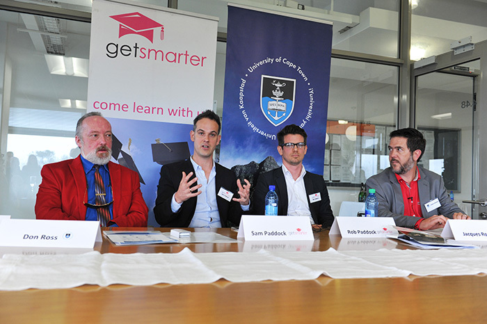Online in Africa: (From left) Dean of the Faculty of Commerce Prof Don Ross, joint CEOs of GetSmarter Sam and Rob Paddock, and managing director of the Across Africa educational initiative Jacques Rousseau. The Faculty of Commerce recently announced the launch of a suite of postgraduate courses that will open up opportunities for tertiary education to students from across the African continent.