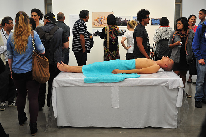 A performance piece on death by artist Igshaan Adams, at the opening of <i>Between Subject and Object: human remains at the interface of art and science,</i> an exhibition curated by Josephine Higgins, Kathryn Smith and Penny Siopis, and running concurrent to UCT's Medical Humanities in Africa conference. More details available <a href="http://www.medhumanities2014.co.za./images/Between Subject and Object_Michaelis_PRESS.pdf" target="_blank">here</a>.