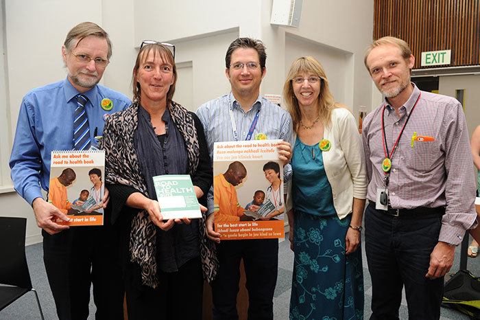Associate Professor Tony Westwood (Advocacy Committee, School of Child and Adolescent Health), Lori Lake, Dr Chris Scott, Professor Heather Zar (Head of Department of Paediatrics and Child Health) and Dr Rowan Dunkley at the launch of the Road to Health pledge campaign. (Photo by Michael Hammond.)
