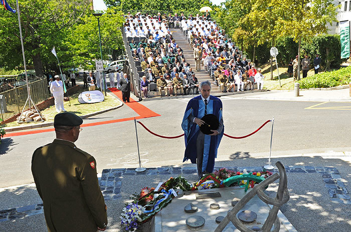 Vice-Chancellor Dr Max Price pays respect to the 616 men who died on the SS Mendi. The memorial, situated on UCT's lower campus, was erected in memory of their courage in the face of death.