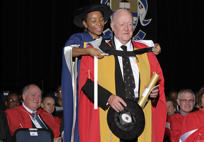 Dr Stuart Saunders, former UCT vice-chancellor, at the University of the Witwatersrand, where he received his sixth honorary doctorate.