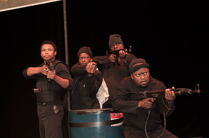 Zenzo Ngqobe, Tshallo Chokwe, Boitumelo Shisana and Don Mosenye as intruders in the highly acclaimed production Silent Voice, now showing at the Baxter Golden Arrow Studio.