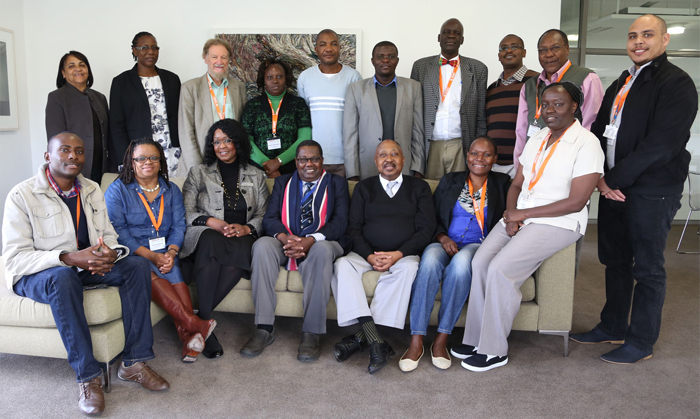 Front row from left: Hangala Siachiwena, Norma Derby, Carol Ojwang, Prof Evance Kalula, Prof Thandabantu Nhlapo, Dr Mary Nakabugo and Dr Njeri Wachira. Back row from left: Benita Fisher, Dr Christine Noe, Prof Len Newton, Dr Juliet Muasya, Dr Norbert Musekiwa, Dr Richard Oduor, Prof Crispino Ochieng, Dr Jim Ayorekire, Dr John Ochora and Jody Felton.