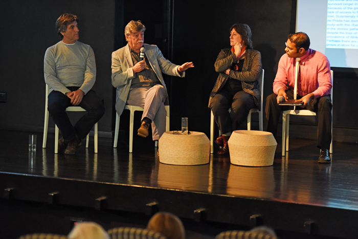 Creative conversation: (From left) Prof Roy Maartens (UWC), Emer Prof John Parkington (UCT) and Sandra Proselandis, curators of the 'indigenous astronomy' exhibition, <em>Shared Sky</em>, with moderator Dr&nbsp;Sahal Yacoob at the SAYAS symposium.