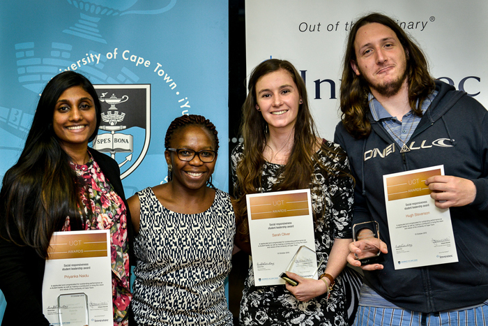 Priyanka Naidu, president of the SHAWCO Health Steering Committee; Carol Dlamini; Sarah Oliver, chair of Ubunye Development Agency; and Hugh Stevenson, chair of Green Campus Initiative.