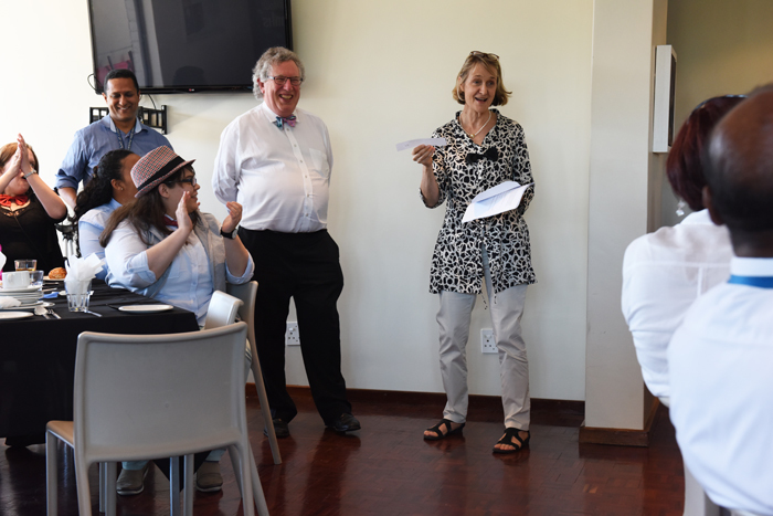 So long: Registrar Hugh Amoore (middle) at a farewell breakfast hosted by the Registrar's Office team. &nbsp;In picture are deputy registrar Dr Karen van Heerden and registrar-designate Royston Pillay (in blue shirt). Amoore will retire with a new title: Registrar Emeritus.