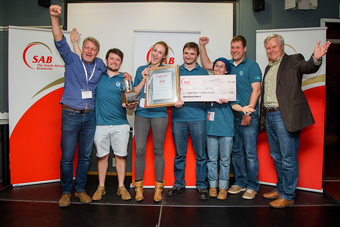 From left: SAB Trade Brewer Newlands Brewery, Denis da Silva with University of Cape Town team members; Brian Willis; Catherine Edwards; Alex Opitz (team leaders); Bronwyn White and Rob Huddy; and SAB Director Supply Chain and Technical, Stanislav Maar.