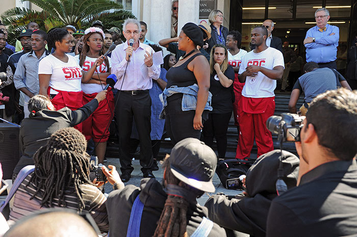Vice-Chancellor Dr Max Price addresses protesters on Friday.