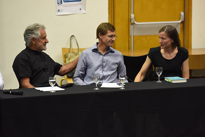 Breyten Breytenbach (left), Gustav Brink and Karina Szczurek honoured the late Emeritus Professor André Brink's memory at UCT on 2 March.