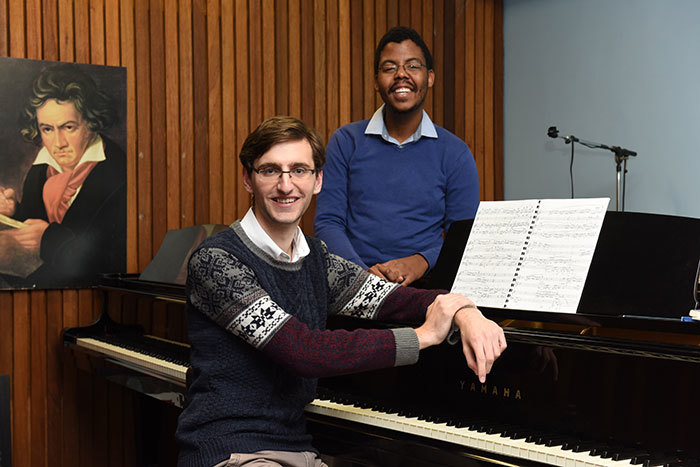 Nicholas Haralambous (left) and Dominic Daula practising the sonata for piano duet by Hubert du Plessis in preparation for the chamber music concert on 13 August.