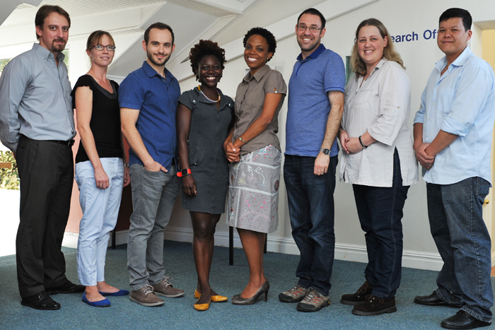 The award winners, from left to right: Drs Sebastian Skatulla (Department of Civil Engineering), Vanessa McBride (Department of Astronomy, who won the award in 2014), Grant Theron (Division of Pulmonology), Tolu Oni (School of Public Health and Family Medicine), Mashiko Setshedi (Department of Medicine), Arjun Amar (Department of Biological Sciences, PFIA Ornithology), Kirsten Corin (Centre for Minerals Research), Steeve Chung Kim Yuen (Blast Impact and Survivability Research Unit). Dr Nelleke Langerak (Division of Neurosurgery), the eighth 2015 award winner, is currently on maternity leave.
