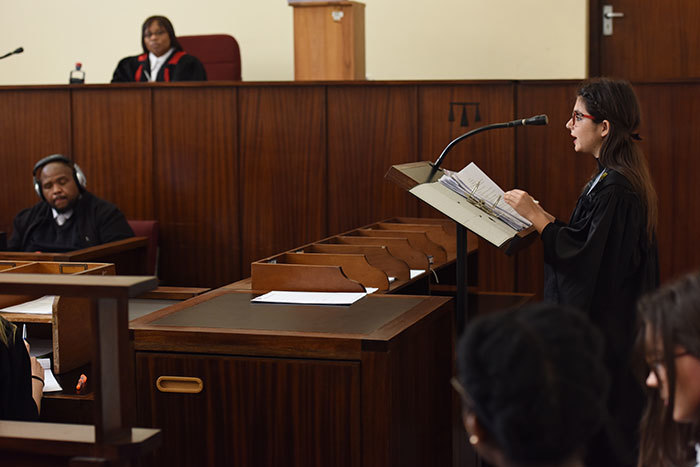 Simone Adler acts for the prosecution in the mock trail, while magistrate Heather Paulse presides.