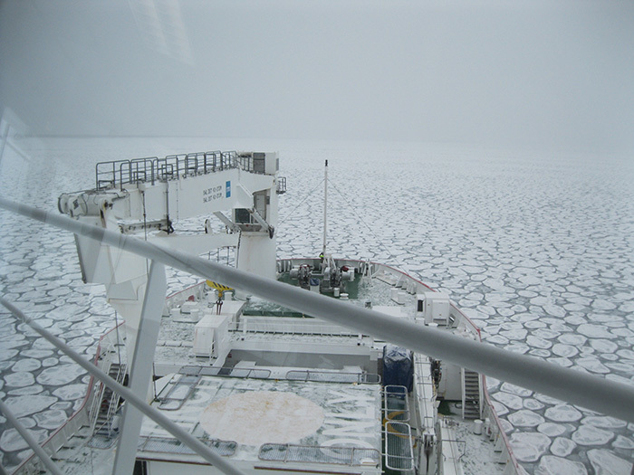 Ice meets icebreaker: The SA Agulhas II encounters pancake ice in the Southern Ocean.