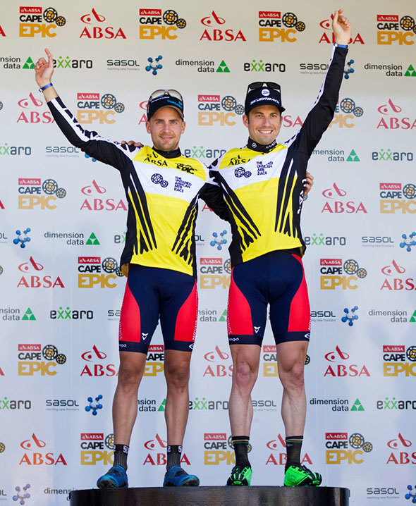 Overall leaders Martin Gujan and Fabian Giger of Novus OMX Pro at the Prologue of the 2015 Absa Cape Epic Mountain Bike stage race held at the University of Cape Town on the 15 March 2015. (Photo by Gary Perkin/Cape Epic/SPORTZPICS).