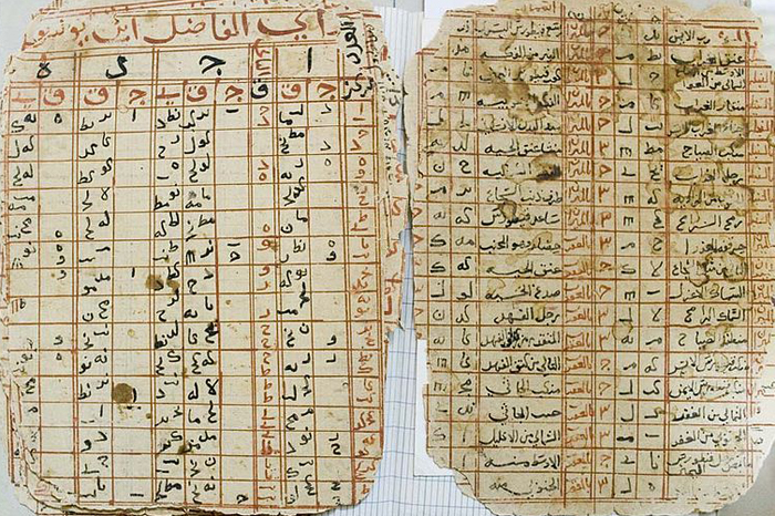 Manuscript of Nasir al-Din Abu al-Abbas Ahmad ibn al-Hajj al-Amin al-Tawathi al-Ghalawi's Kashf al-Ghummah fi Nafa al-Ummah. Image from the Mamma Haidara Commemorative Library, Timbuktu from Library of Congress online exhibition, via <a href="https://commons.wikimedia.org/wiki/File:Timbuktu-manuscripts-astronomy-tables.jpg" target="_blank">Wikimedia Commons</a>.