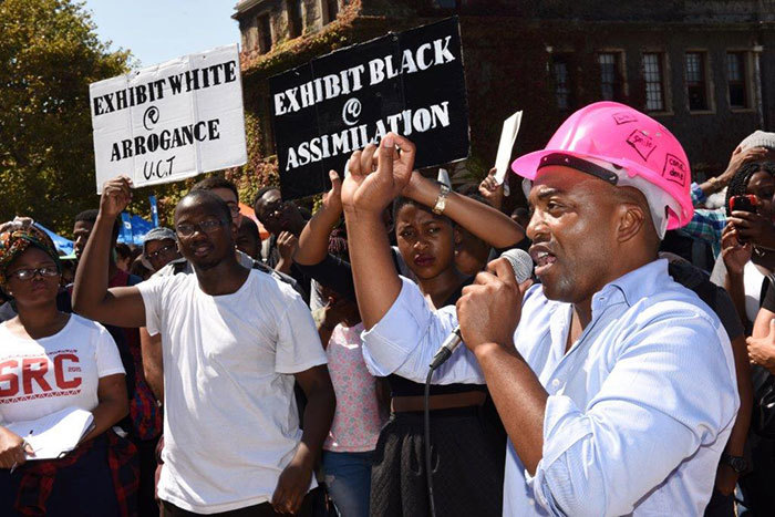 Political science student Chumisa Maxwele addresses students attending last week's transformation debate following his public protest action at the Rhodes statue.