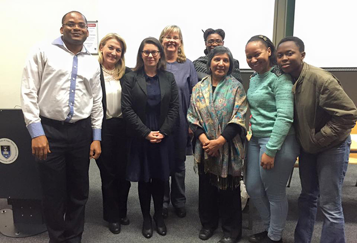 Women's Roundtable presenters with the Postgraduate Law Students' Council (PGLSC). From left: Anthony Diala (PGLSC Chair), Sune Griessel (Office of the Public Protector), Sanja Bornman (Women's Legal Centre), Dr Aninka Claassens (Centre for Law and Society), Elizabeth Biney (PGLSC vice-chair), Prof Rashida Manjoo, Kagiso Maphalle (PGLSC treasurer) and Abigail Osiki (PGLSC academic chair).