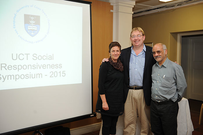 Sophie Oldfield and Stuart Hendry, winners of the 2014 Vice-Chancellor's Social Responsiveness Awards, together with Deputy Vice-Chancellor Prof Crain Soudien at the launch of the 2013-2014 Social Responsiveness Report.