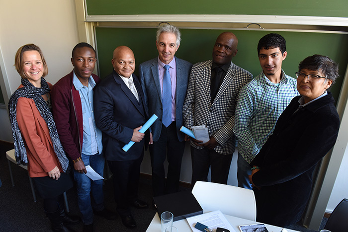 At the Stella Clark Award ceremony, from left: Assoc Prof Suellen Shay (Dean of CHED), Blessed Ngwenya (BSc student), David de Storie (teacher at Harold Cressy High School), Vice-Chancellor Dr Max Price, Kenneth Tshabalala (teacher at Lesiba Secondary School), Yameen Motlala (BSocSc student) and Assoc Prof Rochelle Kapp (School of Education).