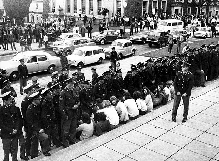 Police and demonstrators face off in a protest organised by UCT students. (Photo courtesy of UCT Libraries' Special Collections and Archives.)