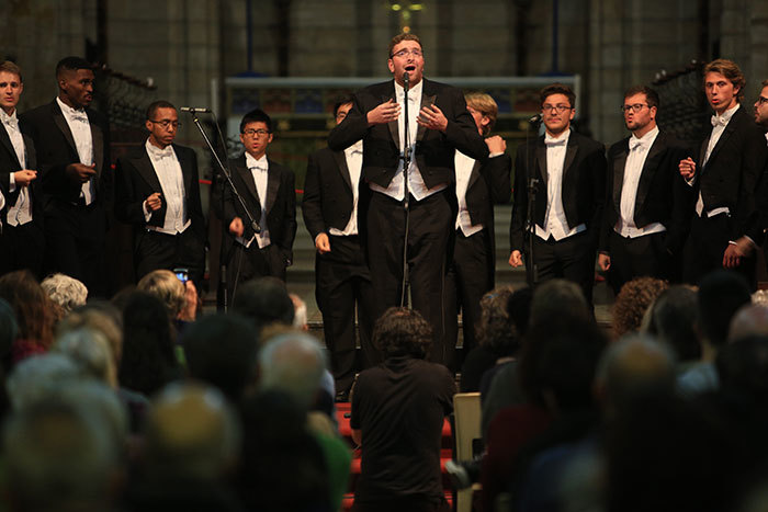 Whiffenpoof bass Jeremy Zitomer singing <b>The House of the Rising Sun</b> with the Yale a cappella group at St George's Cathedral.