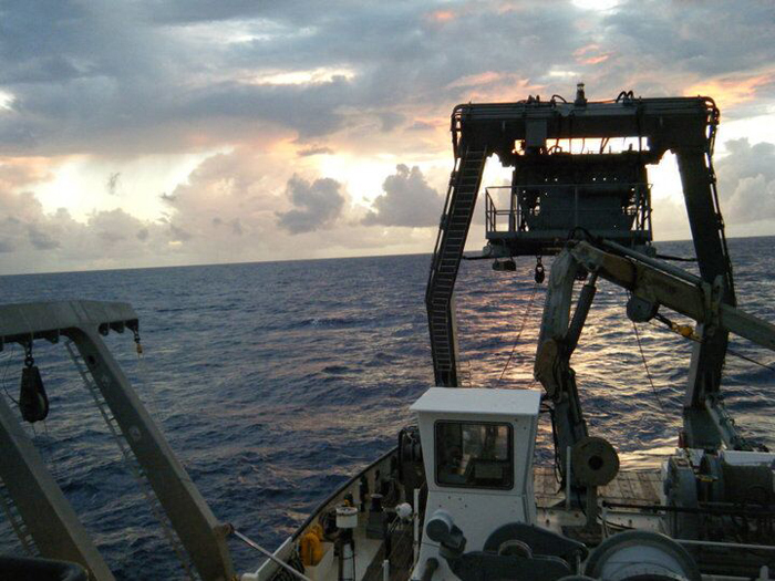 The ship RV Atlantic Explorer, somewhere between Puerto Rico and Bermuda, on a research cruise