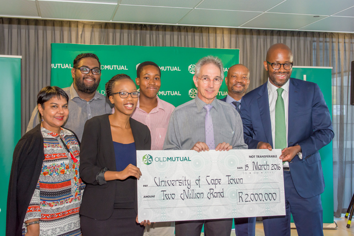 From left: Anisha Archary, OMEM HR Director; Ryan Prithraj, UCT SRC Vice-President (External); Noxolo Ntaka, UCT SRC Secretary General; Busisiwe Nxumalo, UCT SRC Fundraising Officer; Dr Max Price, UCT Vice-Chancellor; Joel Baepi, OMEM Director of Governance, Regulatory and Corporate Affairs; and Ralph Mupita, OMEM CEO.