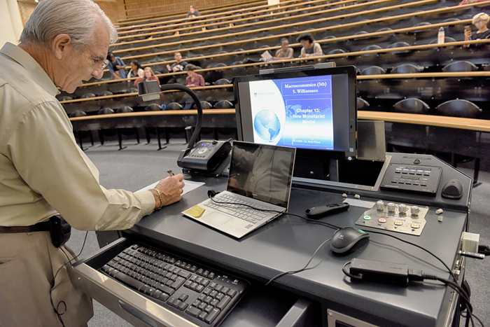 The document camera, hovering above Adj Assoc Prof Mark Ellyne's pen and paper in Kramer LT1, has proved a popular addition to UCT's classrooms as part of the ICTS Classroom Renewal Project.