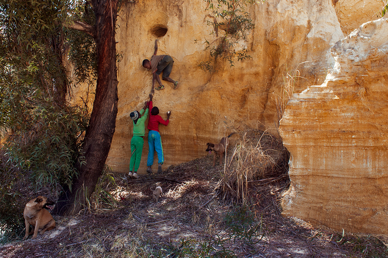 Tebogo Moche's award-winning photograph, </em>Three hunters and three dogs<em>, from his Mine Waste Landscape Project 2009—2015, is one of the works on show at the CAS Gallery.