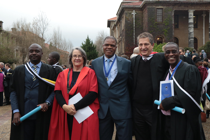 Maybin Nsupila (MPhil graduate), Dr Judith Cornell (GSDPP), Rwakurumbira Munyaradzi (MPhil graduate), Prof Alan Hirsch (GSDPP director) and Takalani Rathiyaya (MPhil graduate).