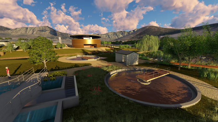 This is a model of The Water Hub, a project under the umbrella of the Future Water institute. The Water Hub is designed as a self-sustaining research hub that will address issues surrounding water, energy and food.