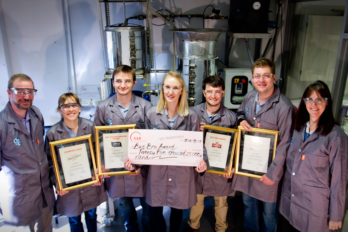 Members of the brewing team and academic staff include (from left) Prof Eric van Steen (HOD), Bronwyn White, Alex Opitz, Catherine Edwards, Brian Willis, Robert Huddy and Prof Sue Harrison (director of CeBER).