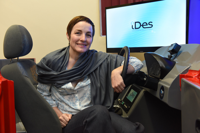 Dr Hetta Gouse at the driving simulator that she will be using to test vocational functioning in professional drivers with chronic diseases (HIV and metabolic syndrome). These conditions may affect their neurocognitive abilities – and their driving.