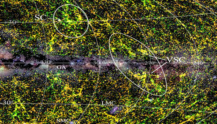 Image by Thomas Jarrett (UCT), based on data from the 2MASS Photometric Redshift catalogue (Bilicki et al. 2014) and the All-Sky Milky Way Panorama (Mellinger 2009).