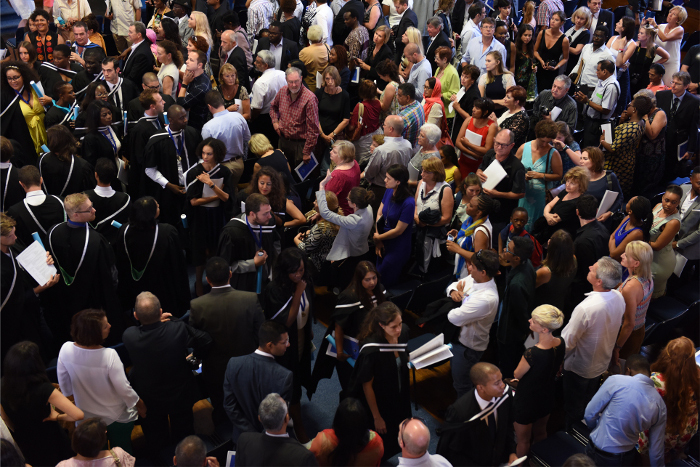 ​​​​​​​New graduates file out of Jameson Hall on the second day of UCT graduations in December.