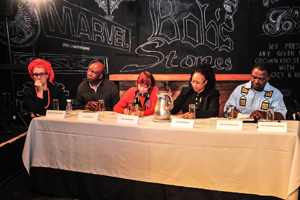 Tribute to a giant: (from left) Emma Arogundade, Dr Sanya Osha, Assoc Jane Bennett, Prof Zodwa Motsa and Prof Francis Nyamnjoh shared their insights into the life and work of the late Chinua Achebe.