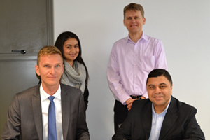 <b>Sealing the deal:</b>Guido Schwartz, Airbus Defence and Space's Head of New Business (seated left) and EBE Dean Professor Francis Petersen, sign an agreement that will help put South Africa on the strategic international space technology map. Innovation Office contracts officer Warda Sablay and Assoc Prof Arnaud Malan, who will work closely with Airbus, look on.