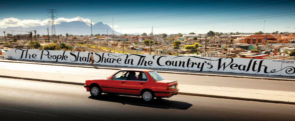 The people shall share in the county's wealth is part of Faith47's 2010 Freedom Charter series, as part of which she brought to life sentences from the iconic charter, highlighting the phrases that are still pressing within the context of modern-day urban South Africa.