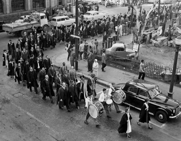 UCT staff and students march through the streets of Cape Town in June 1957 against the Separate Universities Education Bill - which sought to block students of colour from entering historically white institutions. Photo supplied by UCT Libraries.