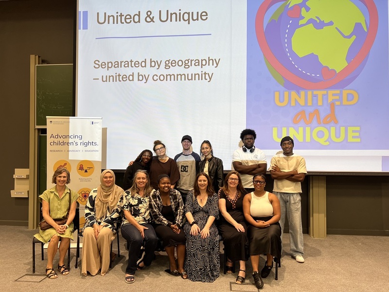 Members of the United and Unique international learning community, including care-experienced youth from South Africa; academics from Queen&rsquo;s University Belfast, UCT&rsquo;s Children's Institute and the Centre for Film and Media Studies; as well as staff from Mamelani Projects. This photograph was taken at the project's latest film screening on campus.