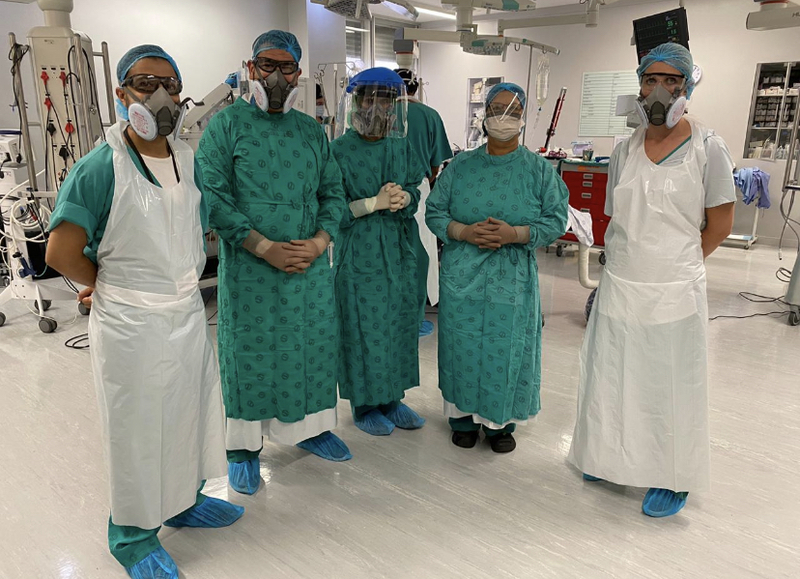 The ‘new normal’. Professor Darlene Lubbe and the Ear, Nose and Throat (ENT) team in the operating theatre, kitted out in personal protective equipment. 