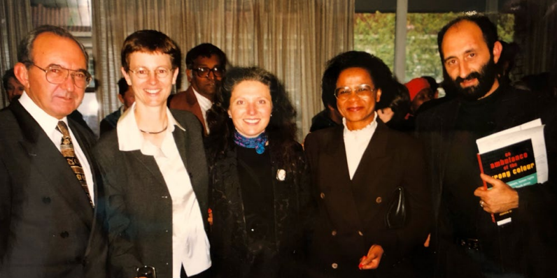 Jeanelle de Gruchy returned to South Africa for a couple of years in the late 1990s as a Research Fellow with the Health and Human Rights Project – a joint project of UCT and the Trauma Centre for Survivors of Violence and Torture. De Gruchy was pictured with her co-editors, (centre) Prof Laurel Baldwin-Ragaven (now at Wits) and UCT’s Prof Leslie London (far right) at their book launch: An Ambulance of the Wrong Colour: Health Professionals, Human Rights and Ethics in South Africa. Judge Richard Goldstone (far left) and Dr Mamphela Ramphele (second from right) were there to congratulate them.