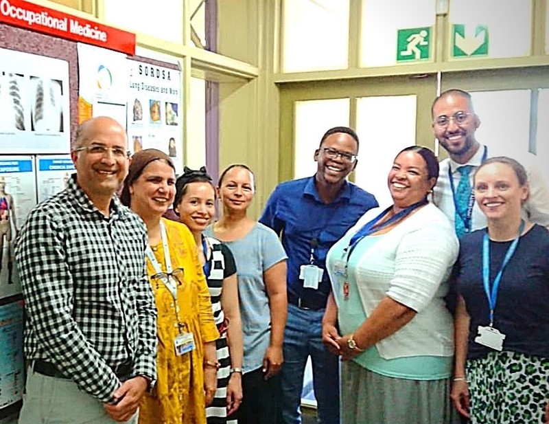 From left to right: Prof Jeebhay, Assoc. Prof Shahieda Adams, Dr Zahida Sonday, Dr Roslynn Baatjies, Dr Itumuleng Ntatamala, Faranaaz Bennet, Jarrod Matthei (visiting student from University of Pennsylvania), Dr Amy Burdzik.