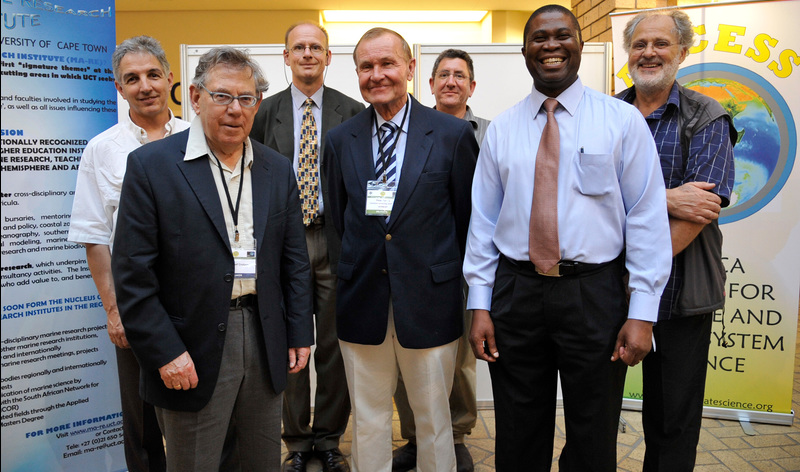 Change agents: (Front) Paul Crutzen (Nobel Laureate), Prof Peter Fabian (president, Humboldt Conferences, European Geoscience Union), and Dr Phil Mjwara (director-general in the Department of Science and Technology). (Back) VC Dr Max Price, Tim Lund, Dr Neville Sweijd (African Centre for Climate Change and Earth Systems Science), and Prof Maarten de Wit (AEON &amp; Geological Sciences, UCT).