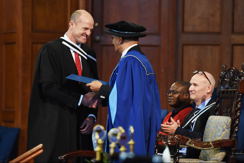 Associate Professor Jimmy Winfield received a standing ovation from the graduands before Acting Vice-Chancellor Professor Daya Reddy presented him his Distinguished Teacher Award.