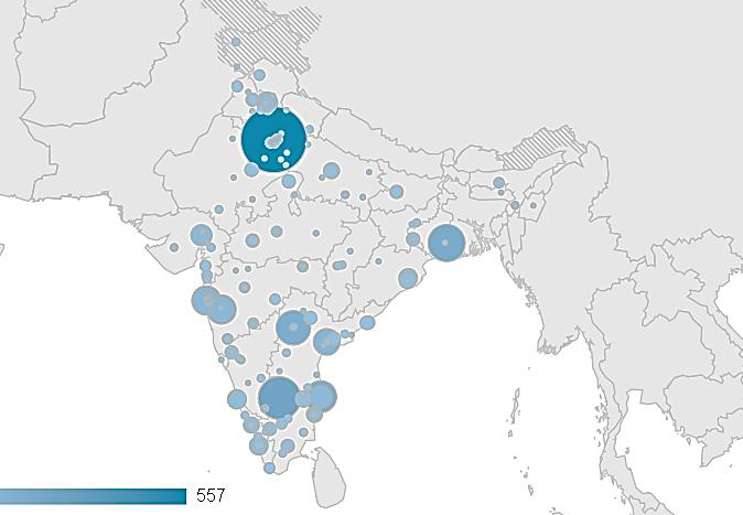 ​​​​​​​India map: This graphic illustrates how chapters are being accessed in some of the most remote parts of India. This would be difficult or impossible to achieve with printed texts, says Prof Johan Fagan.