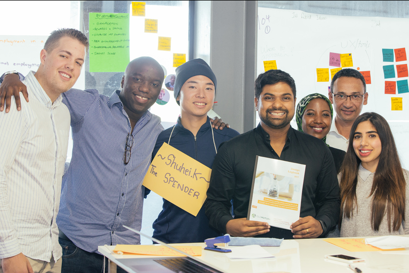 (From left) Advanced Programme students with Jikku Josephs, Old Mutual’s head of digital, on d-finals day when Design Thinking teams present their project proposals to project partners.