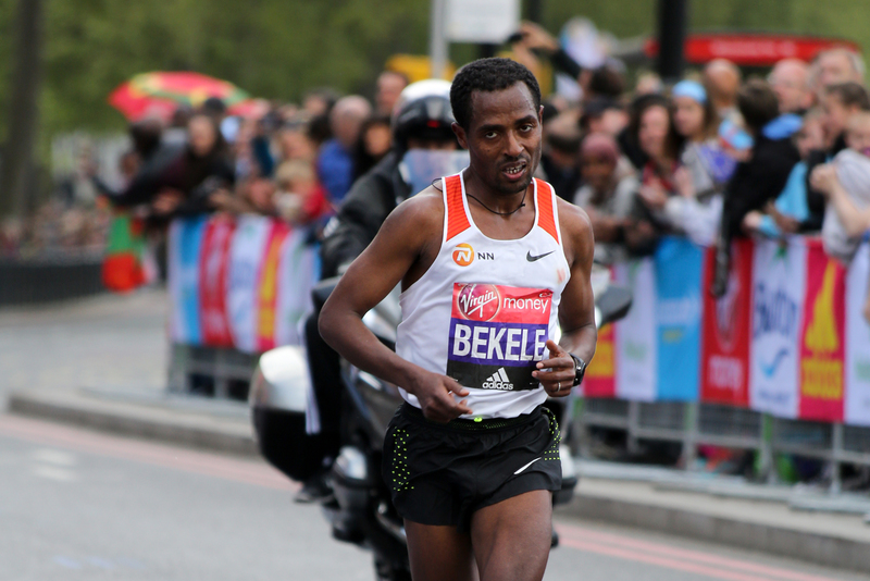 The Sub2hr team of elite, drug-free marathon athletes includes multiple world-record-holder Ethiopian Kenenisa Bekele. Photo <a href="https://commons.wikimedia.org/wiki/File:2017_London_Marathon_-_Kenenisa_Bekele_(2).jpg"  target="_blank" style="font-weight: normal;">Wikimedia Commons</a>