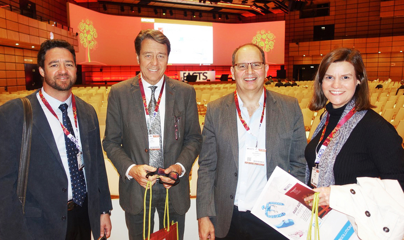 From left: Dr Jacques Scherman and Prof Peter Zilla (Christiaan Barnard Division of Cardiothoracic Surgery), and Prof Deon Bezuidenhout (Cardiovascular Research Unit) and Heather Coombes (COO of SAT) attend a meeting of the European Association of Cardio-Thoracic Surgery (EACTS) where the SAT team was awarded two global prizes for innovation in cardiac surgery.